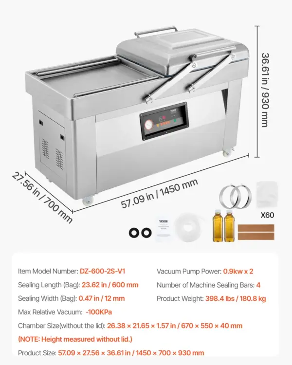 VEVOR Chamber Vacuum Sealer, 1200W Sealing Power, Vacuum Packing Machine for Wet Foods, Meats, Marinades and More, Compact Size with 23.6 in Sealing Length, Applied in Home Kitchen and Commercial Use