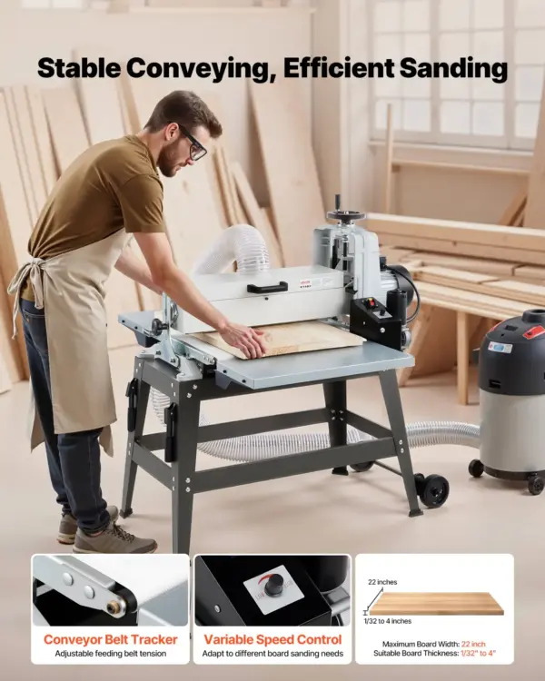 VEVOR 22" Drum Sander with Stand & Extension Tables, 1.75HP 1440RPM Dual Motor Drum Sander for Woodworking - Variable Speed Conveyor Belt, 4" Dust Collection Port for Cabinet & Furniture Finishing