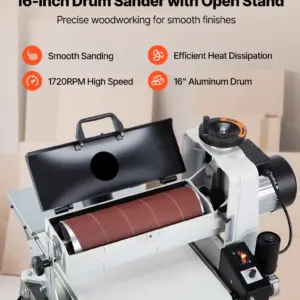 VEVOR 16" Drum Sander with Stand & Extension Tables, 1.5HP 1720RPM Dual Motor Drum Sander for Woodworking - Variable Speed Conveyor Belt, 4" Dust Collection Port for Cabinet & Furniture Finishing