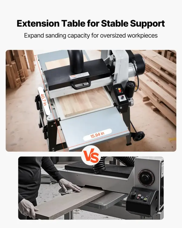 VEVOR 16" Drum Sander with Stand & Extension Tables, 1.5HP 1720RPM Dual Motor Drum Sander for Woodworking - Variable Speed Conveyor Belt, 4" Dust Collection Port for Cabinet & Furniture Finishing