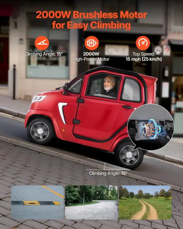VEVOR 4-Wheel Enclosed Mobility Scooter for Seniors Adults, 660lbs Capacity, 3-Seater 2000W Electric Recreational Mobility Scooter 45 Miles Long Range, Remote Unlock, All-Terrain for Touring Shopping