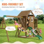 VEVOR Wooden Swing Set, 9 IN 1 Outdoor Playground Sets for Backyards, 2 Swings, Trapeze Bar, 6 FT Slide, Large Upper Fort with Kitchen Toys, Flat Step Ladder, Rock Wall, Picnic Table, Sandbox