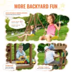 VEVOR Wooden Swing Set, 9 IN 1 Outdoor Playground Sets for Backyards, 2 Swings, Trapeze Bar, 6 FT Slide, Large Upper Fort with Kitchen Toys, Flat Step Ladder, Rock Wall, Picnic Table, Sandbox