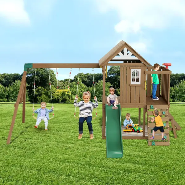 VEVOR Wooden Swing Set, 9 IN 1 Outdoor Playground Sets for Backyards, 2 Swings, Trapeze Bar, 6 FT Slide, Large Upper Fort with Kitchen Toys, Flat Step Ladder, Rock Wall, Picnic Table, Sandbox