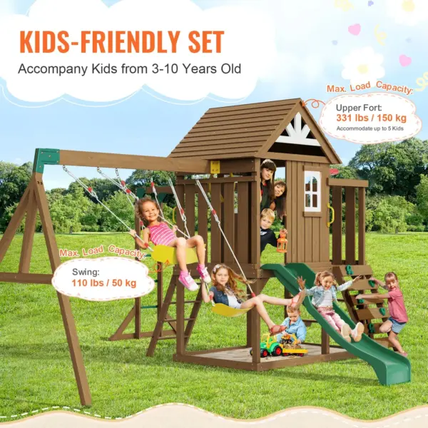 VEVOR Wooden Swing Set, 10 IN 1 Playground Sets for Backyards, 2 Swings, Trapeze Bar, 6FT Slide, Large Upper Fort with Kitchen Toys, Flat Step Ladder, Rock Wall, Picnic Table, Sandbox, Scaling Ladder