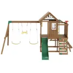 VEVOR Wooden Swing Set, 10 IN 1 Playground Sets for Backyards, 2 Swings, Trapeze Bar, 6FT Slide, Large Upper Fort with Kitchen Toys, Flat Step Ladder, Rock Wall, Picnic Table, Sandbox, Scaling Ladder