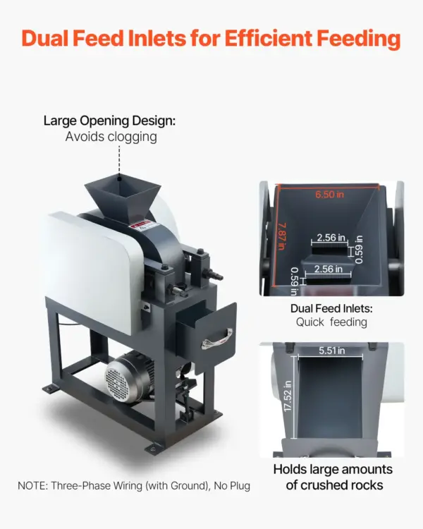 VEVOR Rock Crusher, 220V Double Roller Crushers, Industrial Shredder with 2.56x0.59 inch Dual Feed Inlets, 1740RPM Speed Stone Grinder Rock Crusher, 1.5KW Electric Shatter Pulverizer, 860kg/h Crushing