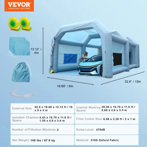 VEVOR Inflatable Paint Booth, 33x20x13ft Inflatable Spray Booth, High Powerful 950W+1100W Blowers Spray Booth Tent, Car Paint Tent Air Filter System for Car Parking Tent Workstation Motorcycle Garage