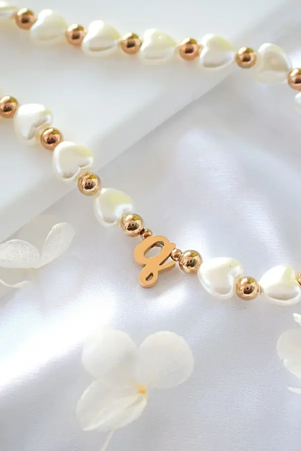 18K Custom Initial | Heart Pearls Beaded Lanyard