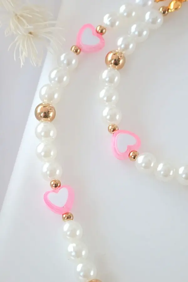 "Candy Love" | Pink Hearts & Pearls Beaded Phone Lanyard