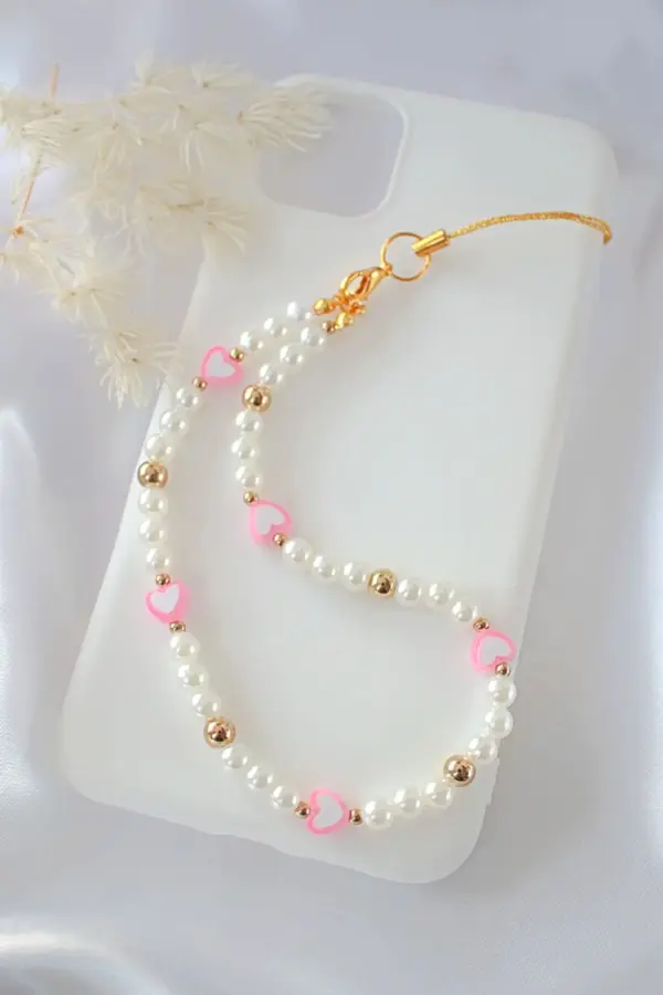 "Candy Love" | Pink Hearts & Pearls Beaded Phone Lanyard