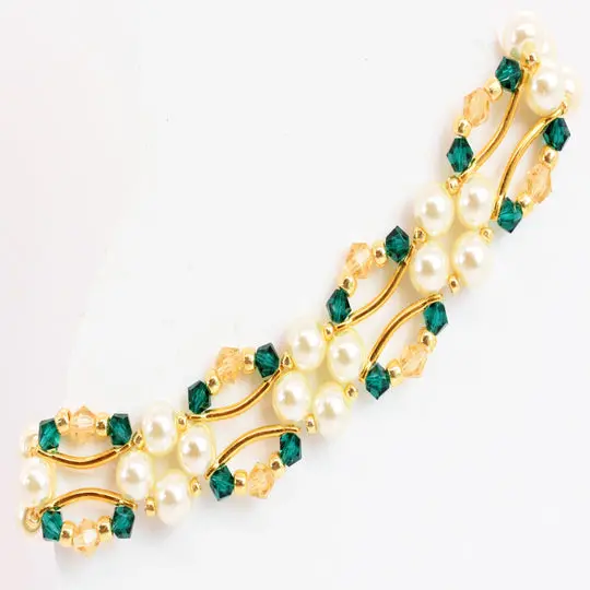 Emerald and Gold Crystal and Pearl Hex Block Link Bracelet