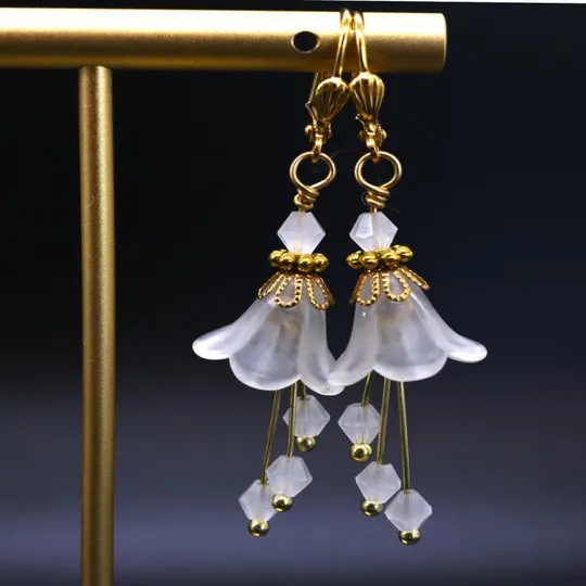 Bell Flower Bridal Earrings - White and Gold