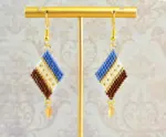 Blue, Copper and Gold Diamond-Shaped Diagonal Geometric Earrings w/Leaf Charm
