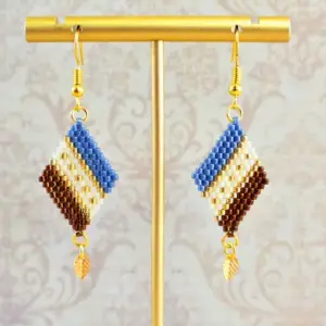 Blue, Copper and Gold Diamond-Shaped Diagonal Geometric Earrings w/Leaf Charm