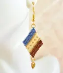 Blue, Copper and Gold Diamond-Shaped Diagonal Geometric Earrings w/Leaf Charm