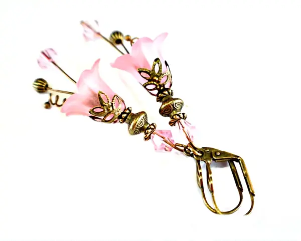 Vintage Victorian Style Rosy Pink and Antique Bronze Bell Flower Lucite Earrings