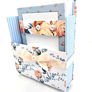 42-Pc Stationery Gift Box Set w/Reusable Desktop Organizer Box and Gold Pen - Vintage Blue Trellis Wallpaper