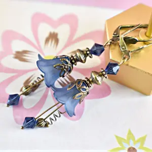 Vintage Victorian Style Navy Blue and Antique Bronze Bell Flower Lucite Earrings