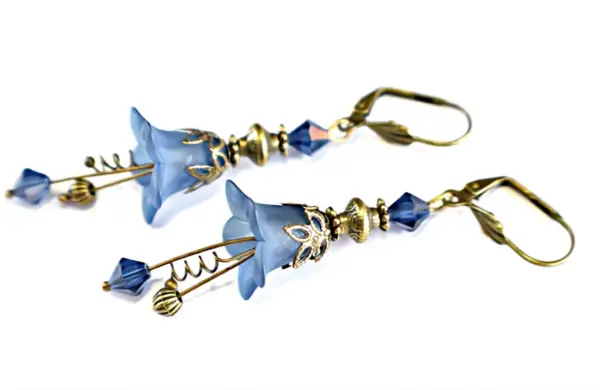 Vintage Victorian Style Navy Blue and Antique Bronze Bell Flower Lucite Earrings