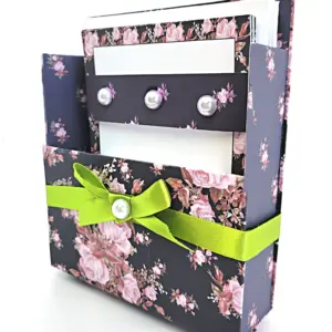 42-Pc Stationery Gift Box Set w/Reusable Desktop Organizer Box and Gold Pen - Pink & Coral Roses on Black