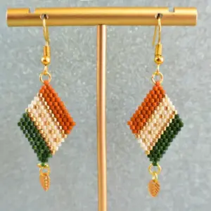 Green, Sienna and Gold Diamond-Shaped Diagonal Geometric Earrings w/Leaf Charm