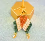 Green, Sienna and Gold Diamond-Shaped Diagonal Geometric Earrings w/Leaf Charm