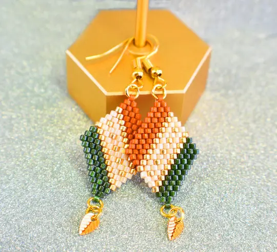 Green, Sienna and Gold Diamond-Shaped Diagonal Geometric Earrings w/Leaf Charm