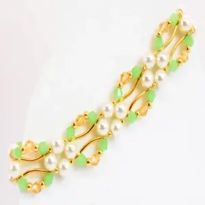 Jade Green, Gold Crystal and Pearl Hex Block Link Bracelet