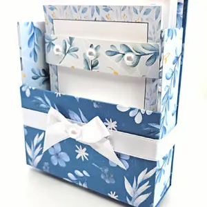 42-Pc Stationery Gift Box Set w/Reusable Desktop Organizer Box and Gold Pen - Blue and White Leaves, Petals & Fronds