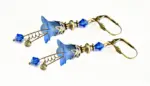 Vintage Victorian Style Royal Blue and Antique Bronze Bell Flower Lucite Earrings