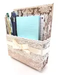 42-Pc Stationery Gift Box Set w/Reusable Desktop Organizer Box and Gold Pen - Ivory & Brown Vintage Lace