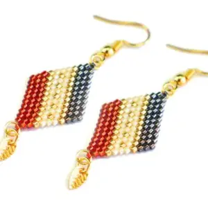 Red, Black and Gold Diamond-Shaped Diagonal Geometric Earrings w/Leaf Charm