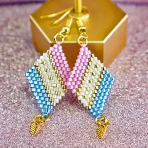 Baby Blue, Baby Pink and Gold Diagonal Geometric Delica Earrings