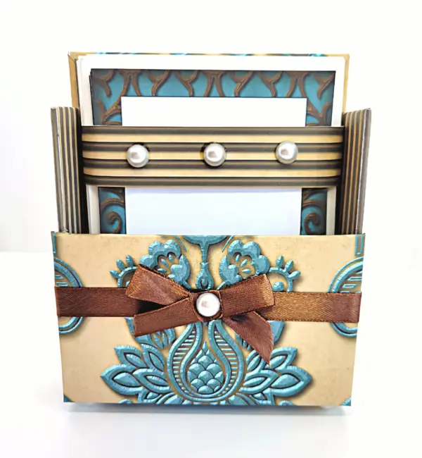 42-Pc Stationery For Him Gift Box Set w/Reusable Desktop Organizer Box and Gold Pen - Gentleman's Embossed Blue, Brown & Gold