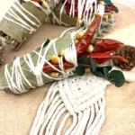 White Sage & Copal Smudge Stick with Red Chili Peppers, Bay Leaves, 4 "