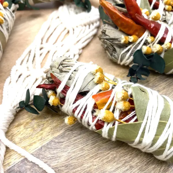 White Sage & Copal Smudge Stick with Red Chili Peppers, Bay Leaves, 4 "
