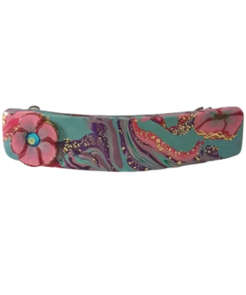 Polymer Clay Turquoise Barrette with Red Flower