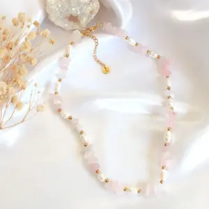 "Luau Party" | Natural Rose Quartz Crystal & Freshwater Pearls Choker
