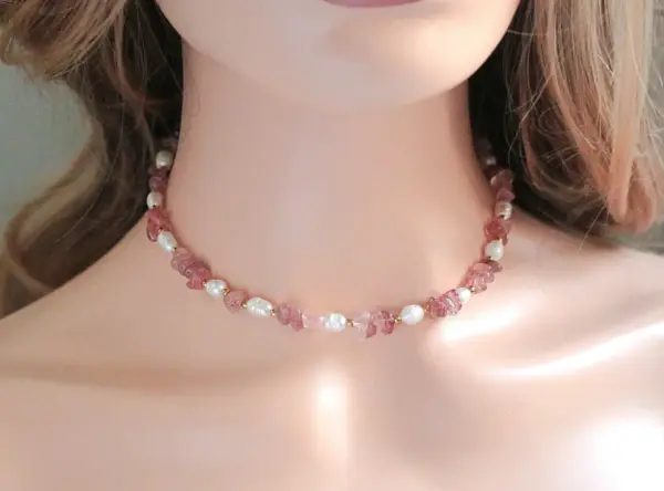"Luau Party" | Natural Strawberry Quartz Crystal & Freshwater Pearls Choker