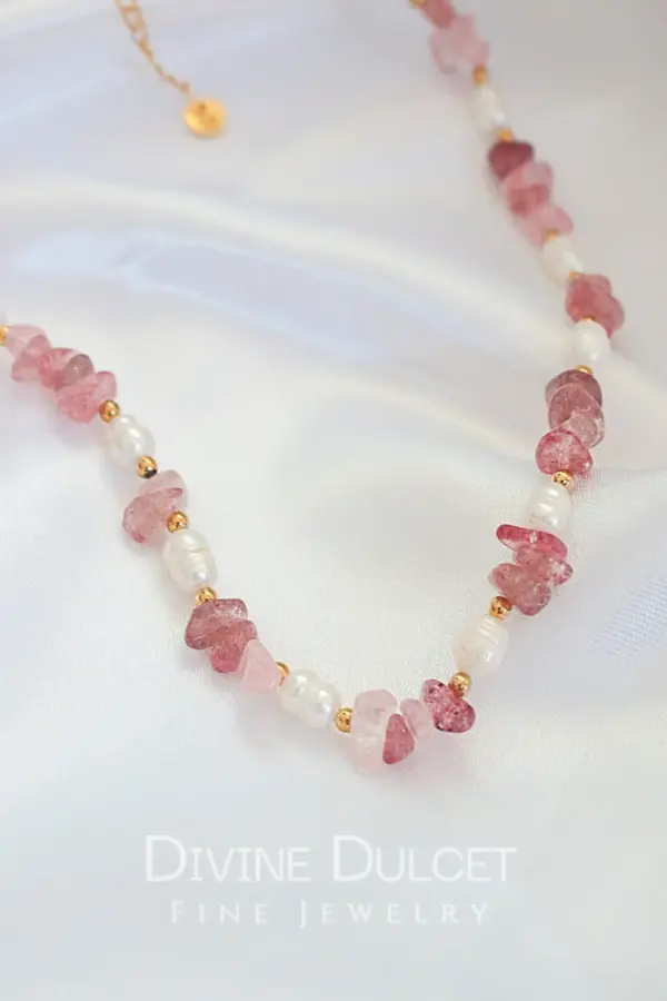 "Luau Party" | Natural Strawberry Quartz Crystal & Freshwater Pearls Choker