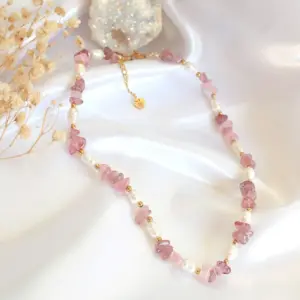 "Luau Party" | Natural Strawberry Quartz Crystal & Freshwater Pearls Choker