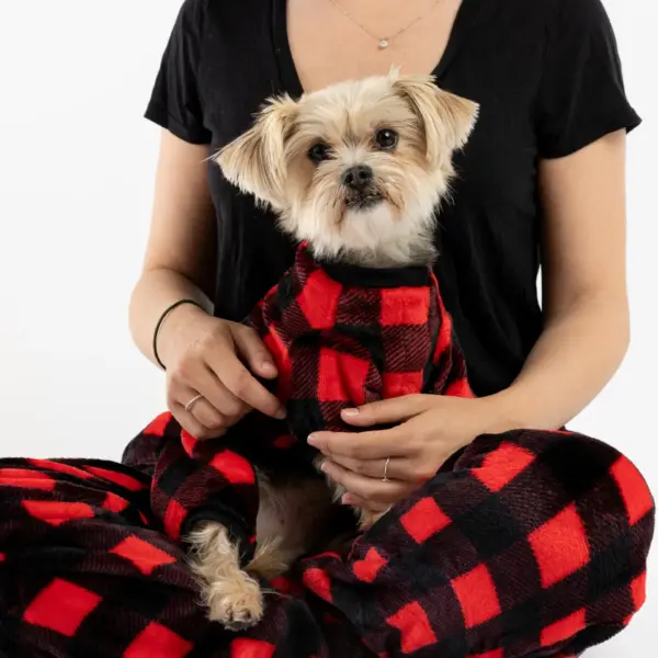 Buffalo Plaid Dog Pajamas Red Cozy Fleece Onesie with Velcro Closure
