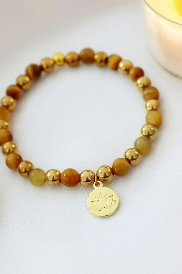 Tiger's Eye Stone Elastic Bracelet | 24K Lotus Flower