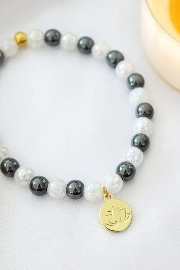 Hematite Elastic Bracelet | 24K Lotus Flower