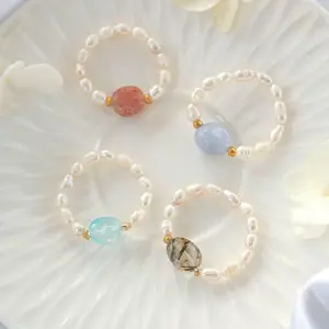 Elastic Rings with Natural Crystals & Freshwater Pearls