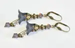 Vintage Victorian Style Dark Prussian Blue and Antique Bronze Bell Flower Lucite Earrings