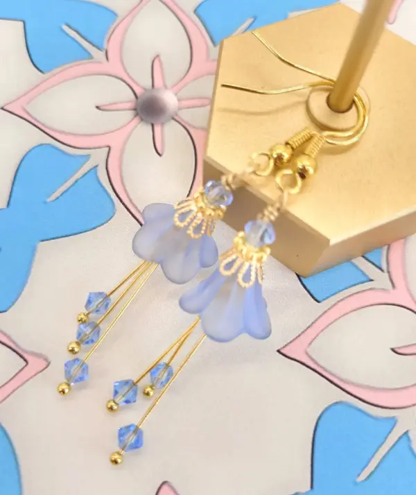 Bell Flower Earrings - Light Sapphire Powder Blue and Gold