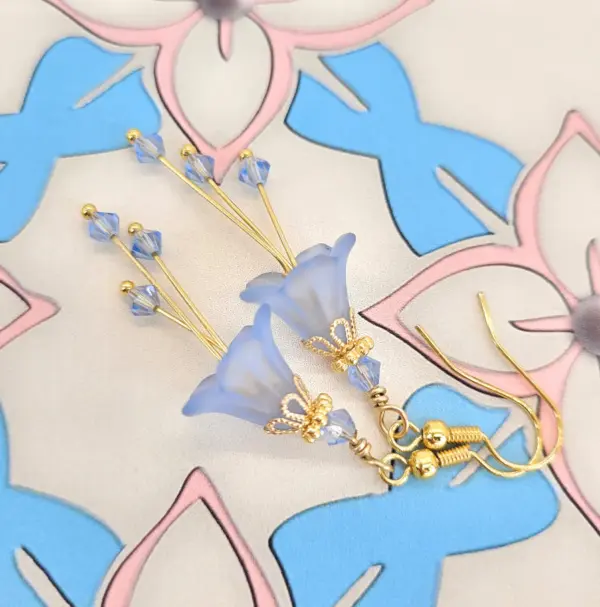 Bell Flower Earrings - Light Sapphire Powder Blue and Gold