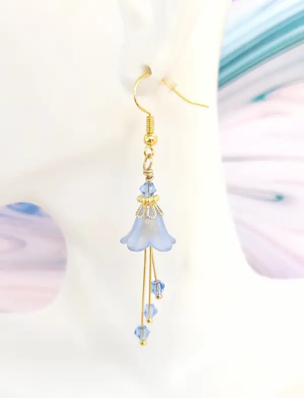 Bell Flower Earrings - Light Sapphire Powder Blue and Gold